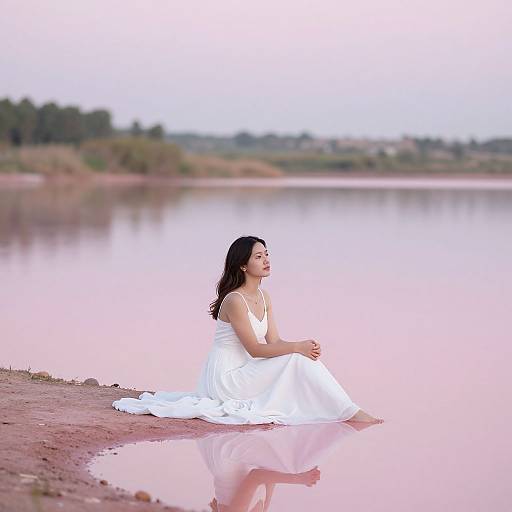 Photograph of an Asian woman with long black hair, wearing a white dress, sitting by a pink-tinted lake at dusk.