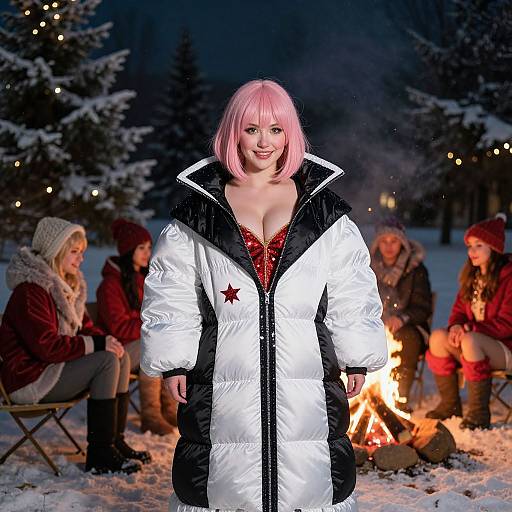 Friends Around Winter Bonfire in Costumes