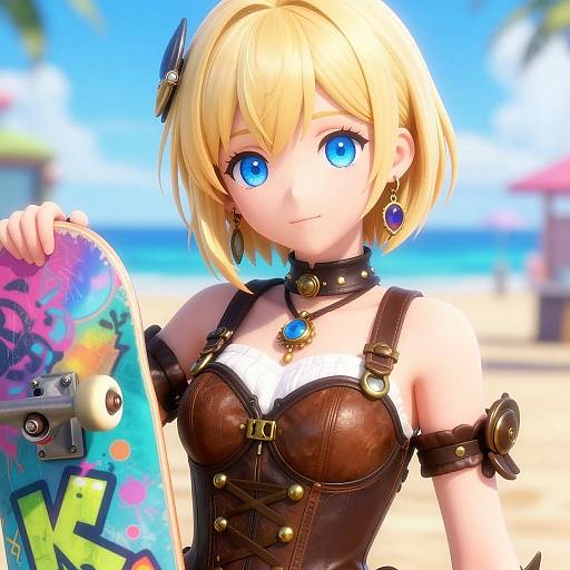 Steampunk Anime Girl with Skateboard
