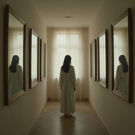 Photograph of a woman in a white, long-sleeve dress standing in a dimly lit hallway with large mirrors and sheer curtains at the end