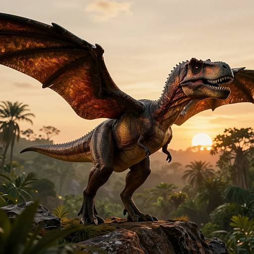 Photorealistic CGI of a large, detailed, red-brown pterosaur with outstretched wings standing on a rock in a lush, sunset