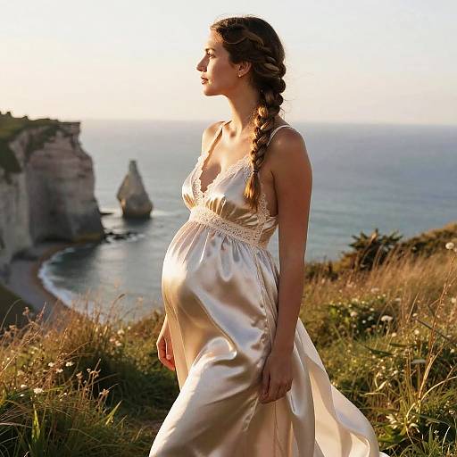 Pregnant Woman in Silk Maternity Gown with Five-Strand Braid