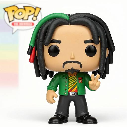 Photograph of a Funko Pop! figure with black dreadlocks, green beret, green jacket, black pants, and striped tie, giving a