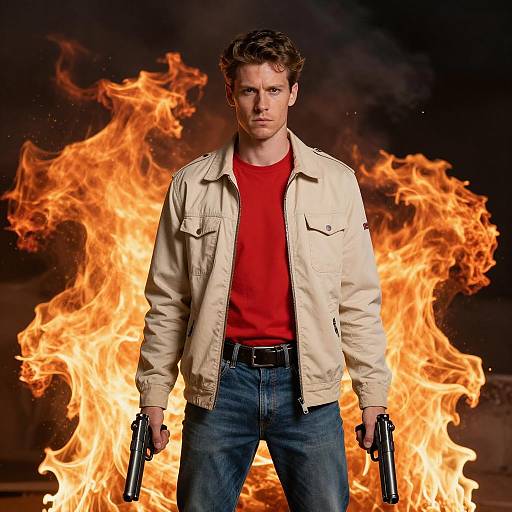 Intense Man with Guns and Flames