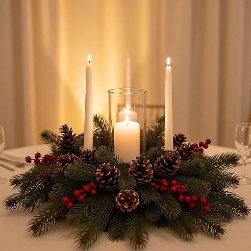 Photograph of a festive candle arrangement: three white candles in a glass and pine wreath with red berries on a white tablecloth.