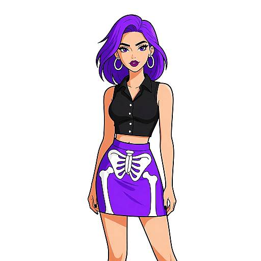 Edgy Woman with Purple Hair and Skeleton Skirt