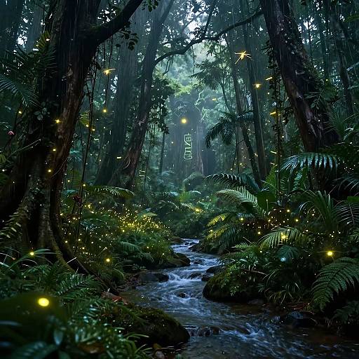 Photograph of a mystical forest with glowing fireflies, dense ferns, and a flowing stream, illuminated by ethereal green light.
