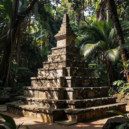 Photograph of an ancient stone staircase pyramid in a lush, sun-dappled jungle, surrounded by tall trees and dense greenery.