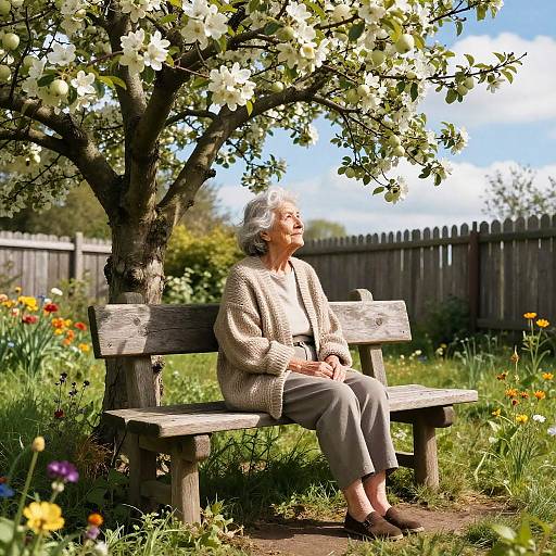 Elderly Woman Sitting on Bench Under Blooming Apple Tree