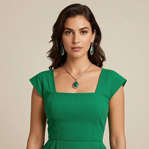 Photograph of a woman with dark wavy hair, wearing a green dress, green teardrop earrings, and a matching green necklace, standing against