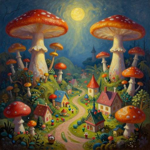 Whimsical digital painting of a fairy-tale village under a full moon, surrounded by towering red-spotted mushrooms, colorful houses, and a winding