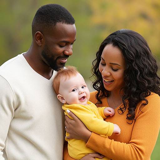 Photograph of a smiling Black couple holding a laughing baby in yellow; man in white sweater, woman in orange top, outdoor background.