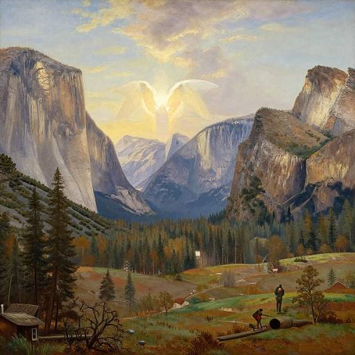 Photorealistic painting of Yosemite Valley at sunrise, featuring towering granite cliffs, a forested valley, a small house, and a person riding a horse