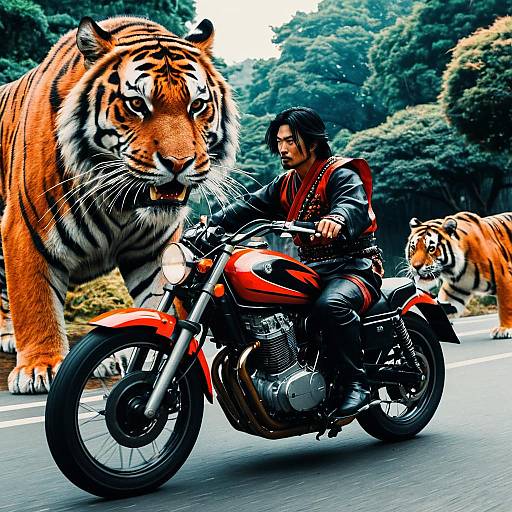 Samurai Riding Motorcycle with Giant Tigers