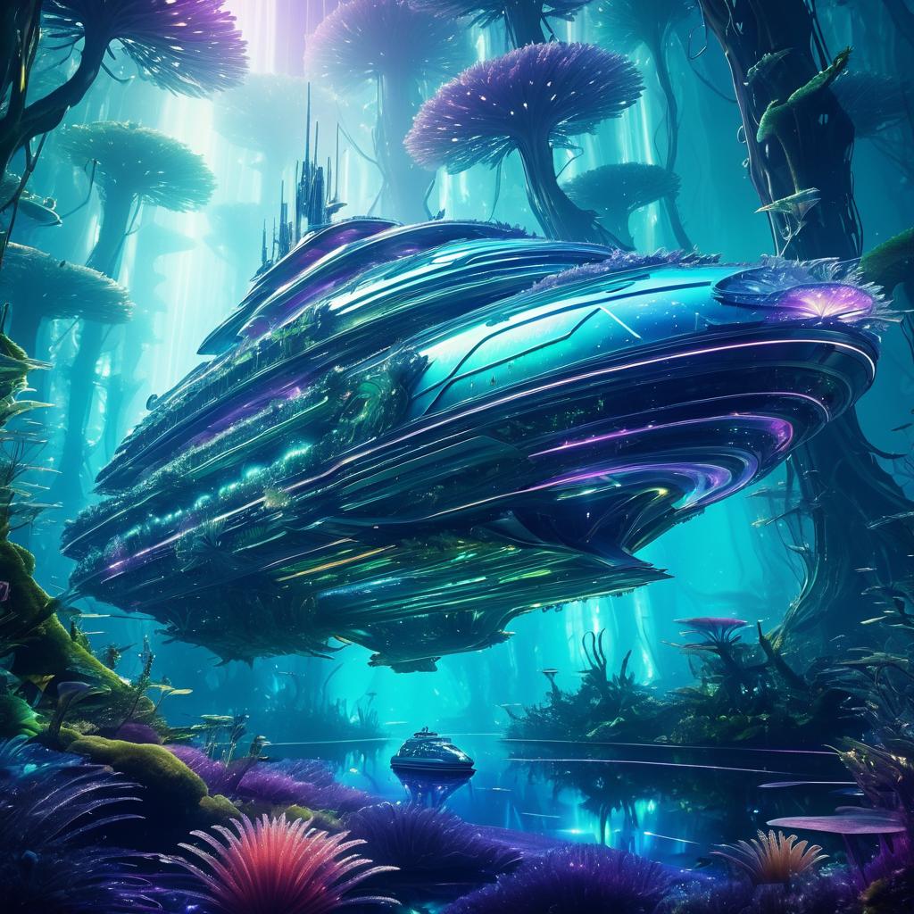 Futuristic Cruiser in Alien Underwater Forest