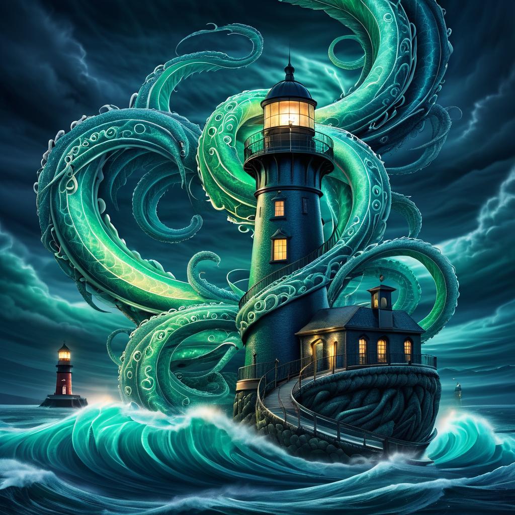 Epic Kraken Embracing a Lighthouse