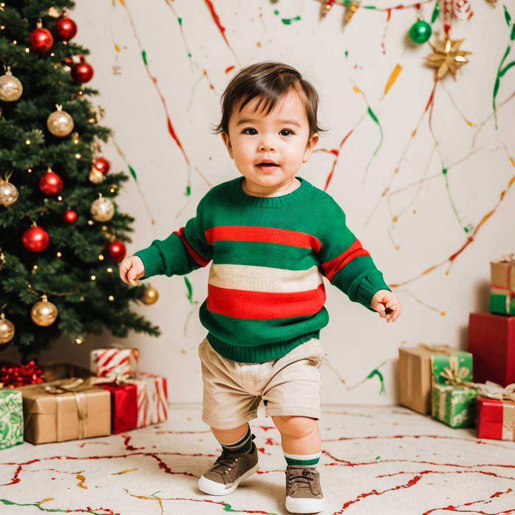 Festive Playful Toddler in Christmas Attire