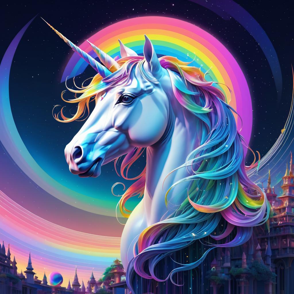 Elegant Unicorn with Rainbow Mane and Moon