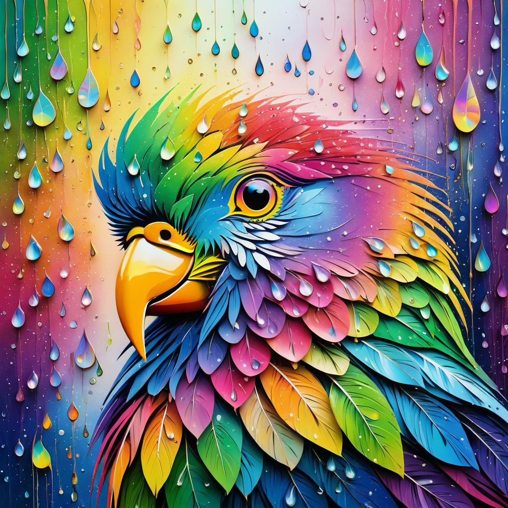 Whimsical Bird Portrait with Rainbows