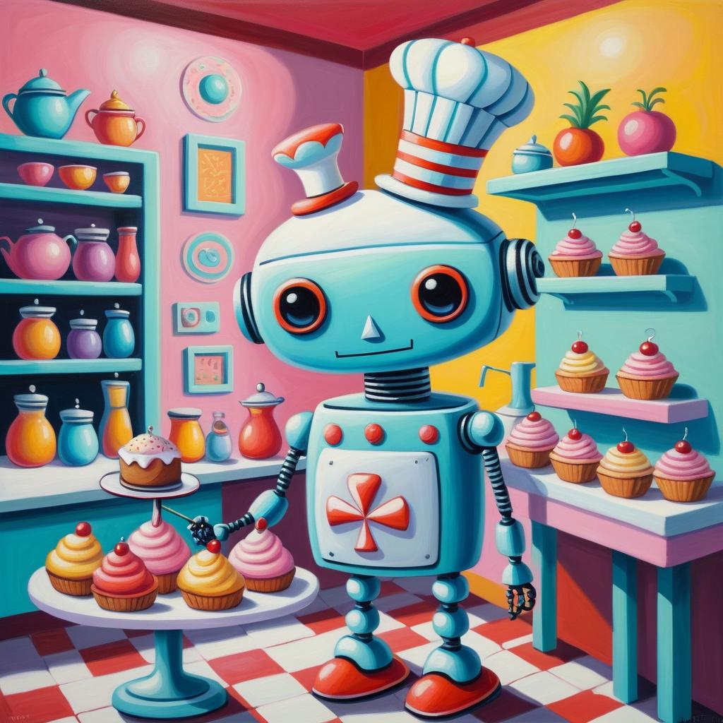 Charming Robot Baker in Whimsical Style