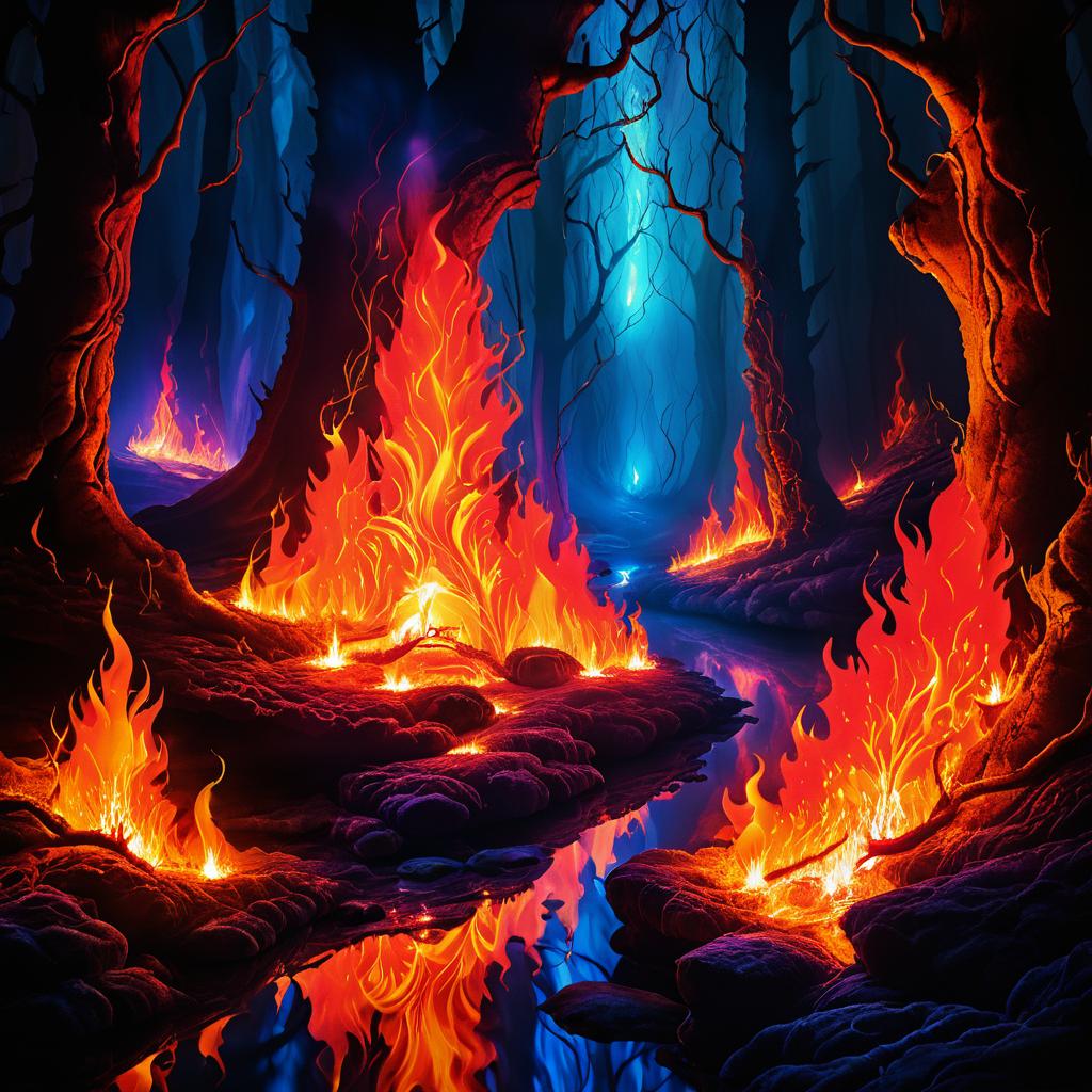 Enchanted Cave with Burning Forest Scene