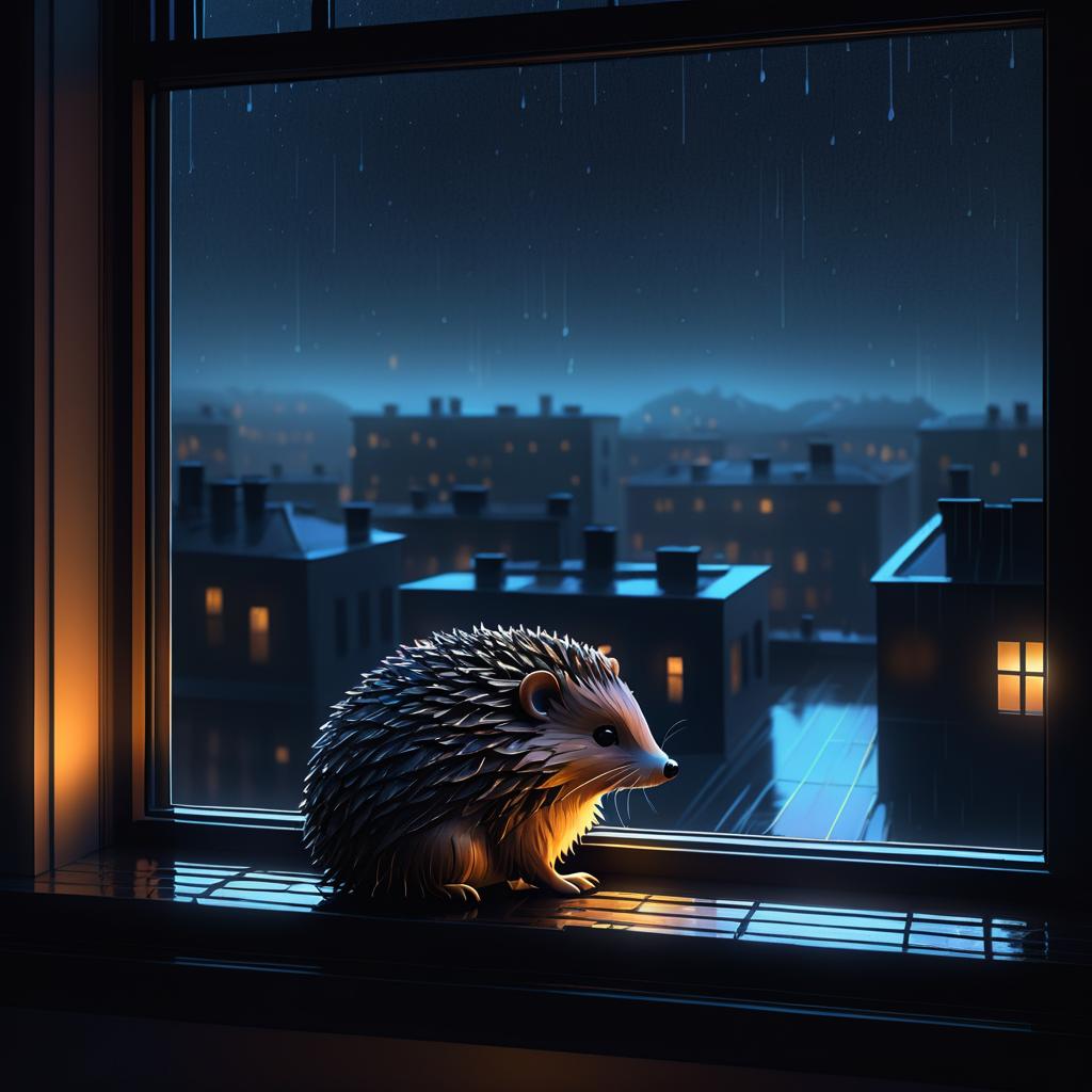 Moody Digital Art: Hedgehog by Rainy Window