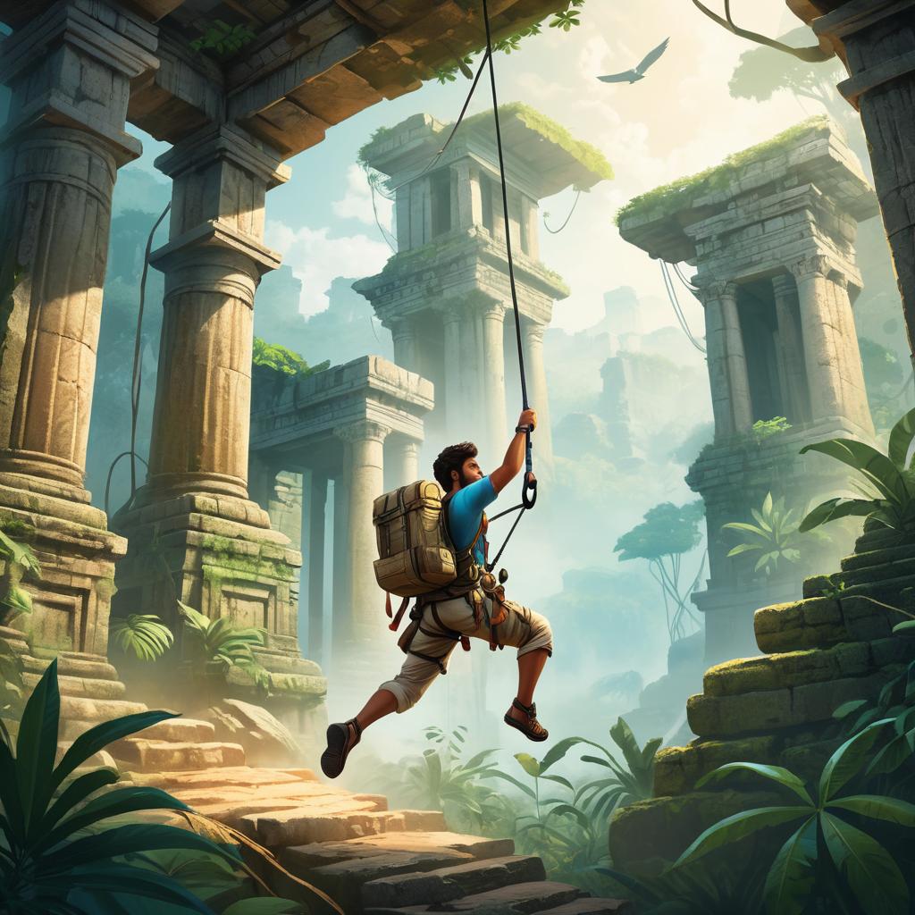 Explorer Swinging Through Ancient Jungle Ruins