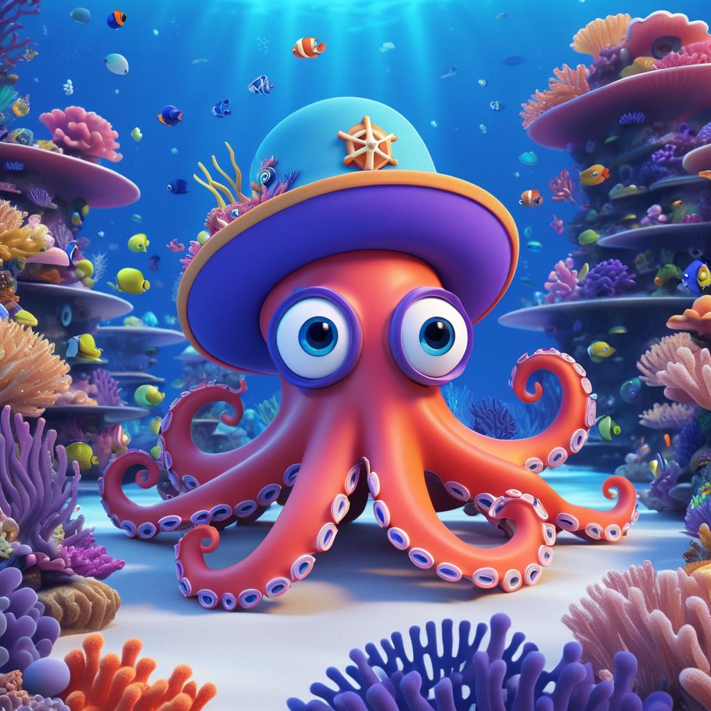 Whimsical Captain Octopus in Coral Reef