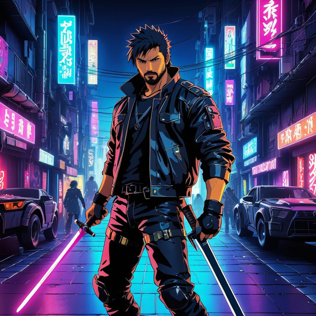 Rugged Bounty Hunter in Cyberpunk Showdown