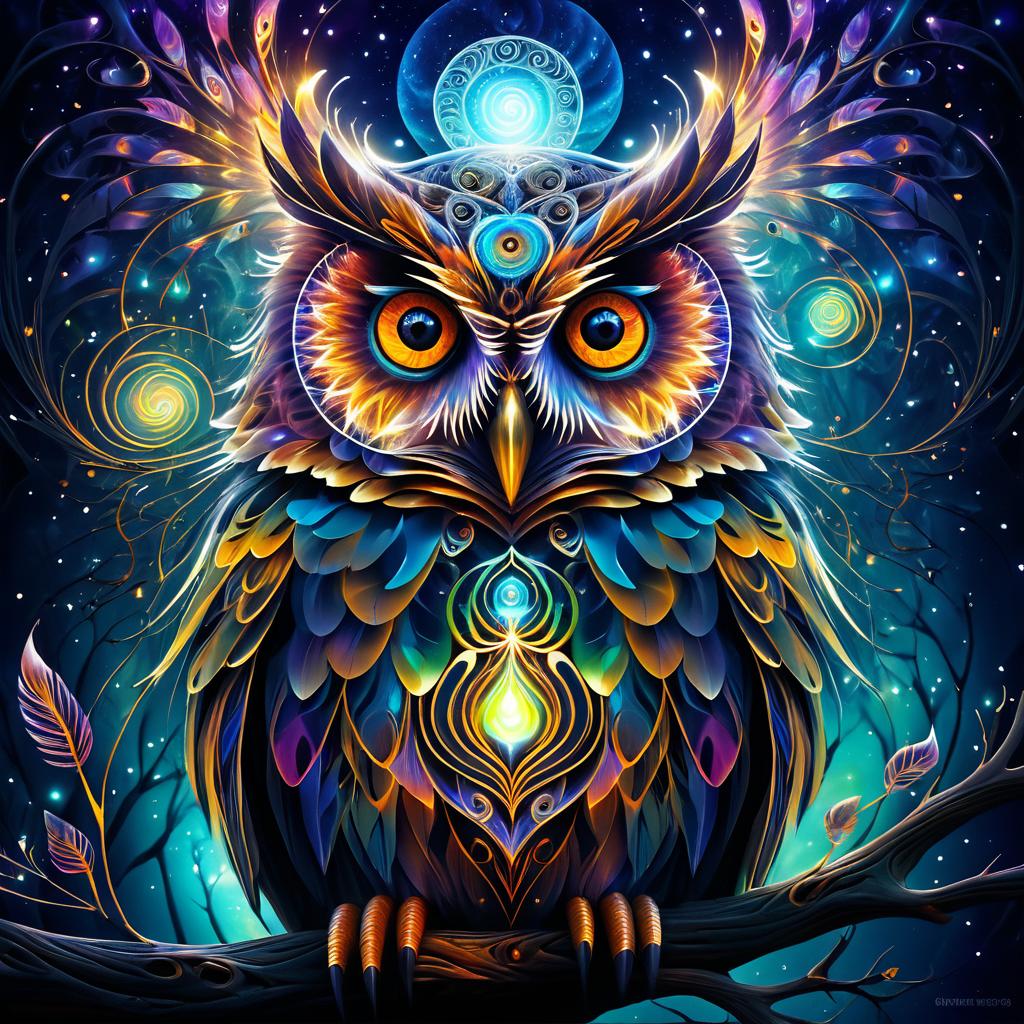 Whimsical Surreal Owl with Glowing Eyes