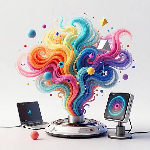 Digital artwork of colorful, swirling waves emerging from a central platform with two laptops, one on left, one on right. Background is white, adorned with