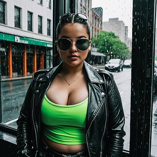 Woman in Neon Green Tube Top and Black Leather Jacket
