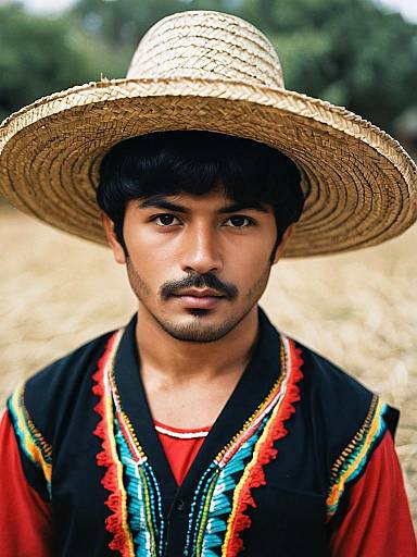 Young Man in Traditional Mexican Outfit with Straw Hat