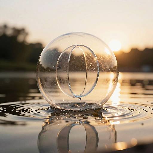 Photograph of a clear glass sphere with a circular indentation, floating on rippling water at sunset, reflecting golden light and shadows.