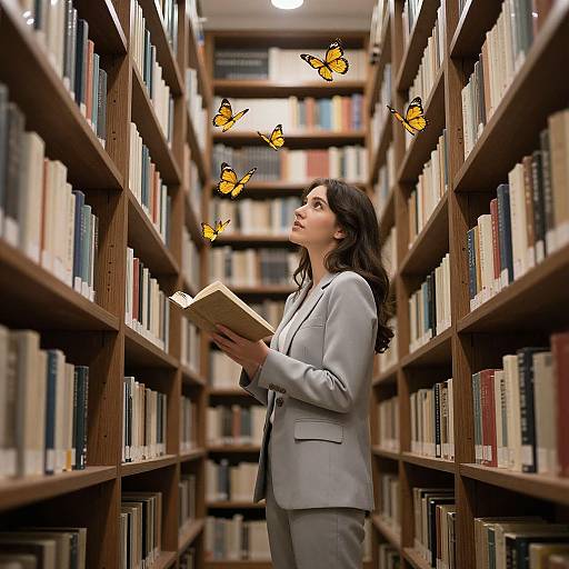 Photograph of a brunette woman in a light gray suit, standing in a library aisle, holding a book, with orange butterflies floating above her head.