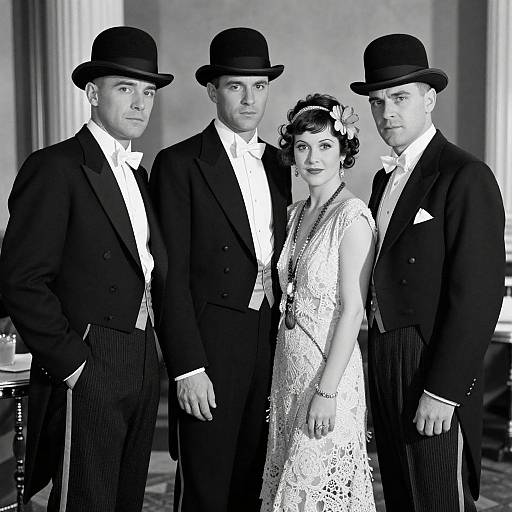 Black-and-white photograph of four people: three men in dark suits and bowler hats, one woman in a lace dress, all standing in a formal