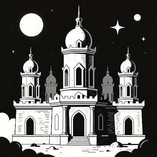 Monochrome Celestial Temples Illustration