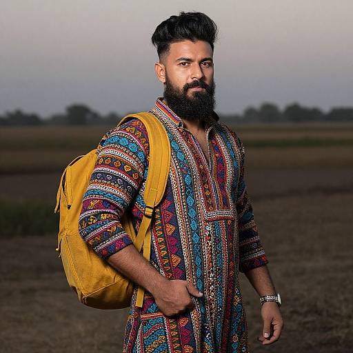 Photograph of a bearded man with dark hair, wearing a colorful, patterned traditional outfit, yellow backpack, standing in a rural field at dusk