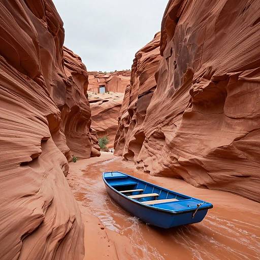Photograph of a narrow, red sandstone canyon with a small, blue rowboat floating in shallow, muddy water, framed by towering, textured rock