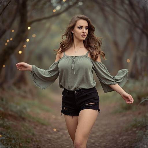Photograph of a young woman with long brown hair, wearing an off-shoulder green blouse and black distressed shorts, walking down a forest path with