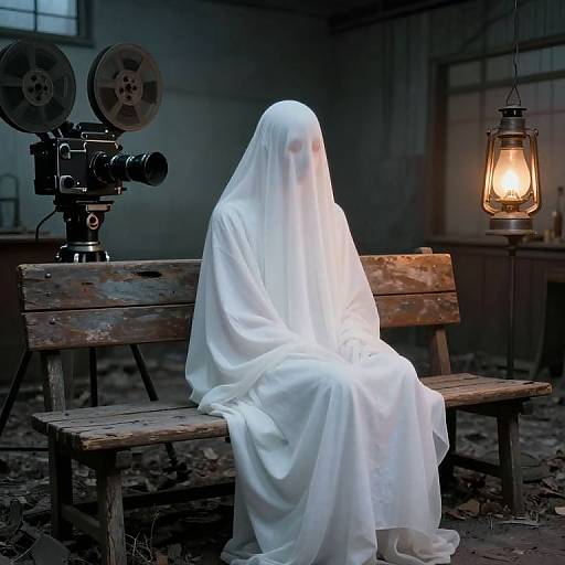Mysterious white ghost in flowing sheet sits on wooden bench in dimly lit, industrial room with old camera and lantern.