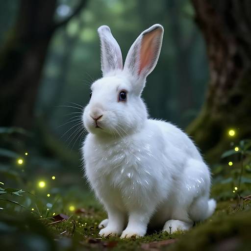 Photograph of a white rabbit with glowing fur, standing in a dark, enchanted forest with glowing fireflies and blurred greenery.
