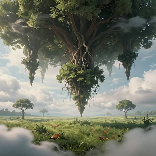 Photorealistic digital artwork of a fantastical forest with towering, tree-like plants with hanging moss and roots, set in a lush, sunlit me