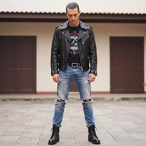 Photograph of a young man with slicked-back hair, wearing a black leather jacket, ripped jeans, black boots, and a graphic tee, standing