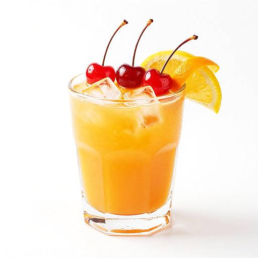 Photograph of a vibrant orange cocktail in a clear glass with two red cherries, a lemon slice, and ice cubes against a white background.