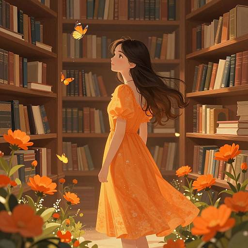 Anime-style digital illustration of a young woman in an orange dress, surrounded by books and orange flowers, with butterflies fluttering around her in a warm,
