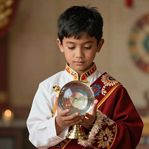 Photograph of a young boy with black hair, wearing a white and red embroidered robe, holding a crystal orb in a softly lit, ornate room
