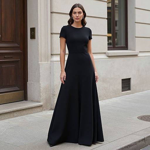Photograph of a woman with wavy dark brown hair in a sleek, black, short-sleeved, floor-length gown, standing on a city