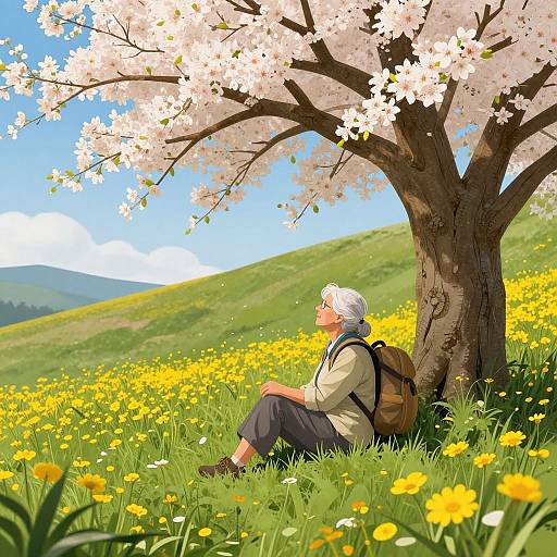 Elderly Traveler Under Blooming Tree
