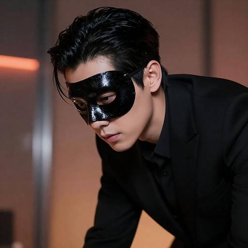 Man in Black Suit Wearing Grotesque Black Mask